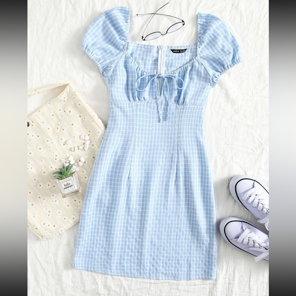 Tie front grid print blue dress